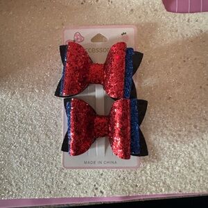 Sparkling Red and Blue Bow Hair Clips
